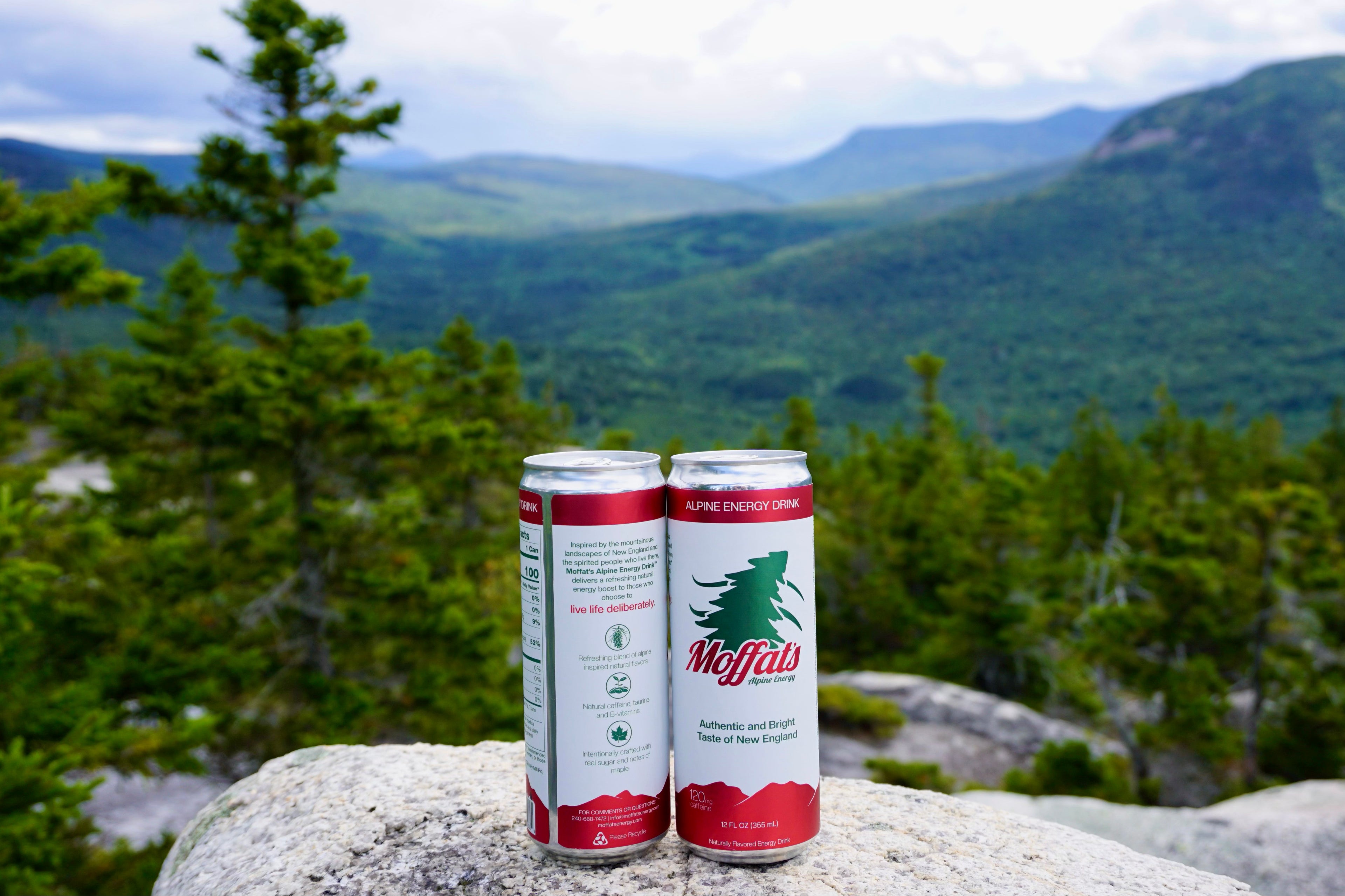 New England mountain peak with Moffat's Alpine Energy Drink